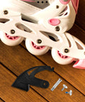 Roller Skate Brake Pad Replacement 4.13 X 3.46 X 1.57 Inch Universal Inline Heel Brake with screws on wooden surface