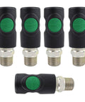 Five High Flow Safety Air Coupler One Half Inch MNPT with Non-Marring Composite Body, ESI 071253 shown from various angles