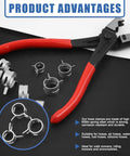 121 Pcs 12 Size Spring Band Hose Clamps Set 7-22mm Includes Fuel Silicone Vacuum Hose Clips shown with red handle pliers on black surface