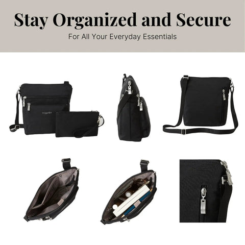 Pocket Crossbody Bag For Women, Lightweight Durable Nylon, Water Resistant Travel Purse With RFID Wristlet, Compact 8x8 Inch Size