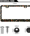 Two Pack Stainless Steel License Plate Frame Covers With Screw Caps For Standard 12.2 By 6.3 Inch Plates Featuring Fern Moth Dragonfly Mushroom Design