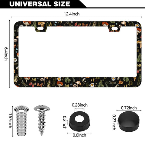 Two Pack Stainless Steel License Plate Frame Covers With Screw Caps For Standard 12.2 By 6.3 Inch Plates Featuring Fern Moth Dragonfly Mushroom Design