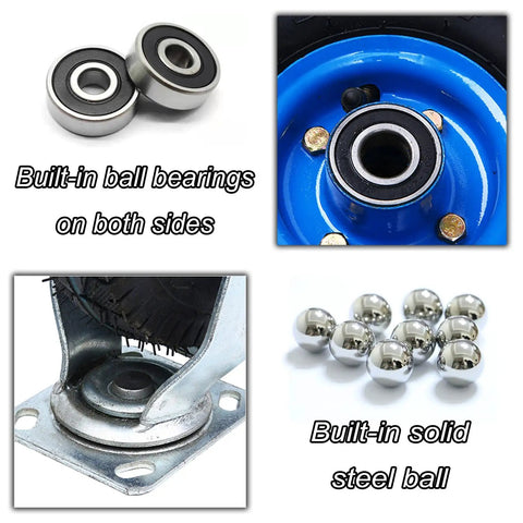 Badass Heavy Duty Top Rated Pneumatic Caster Wheels With Smooth Glide Swivel Rubber Tires showing built-in bearings and solid steel ball.