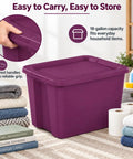 Top Shelf 18 Gallon Storage Bin With No Sweat Snap On Lid in magenta with textured handles, ideal for organizing household items.