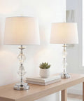 27.5 Inch Clear Crystal Table Lamp Set of 2 for Living Room and Bedroom With Glam Traditional Chrome Nightstand Lamps, White Linen Drum Shades, LED Bulbs Included
