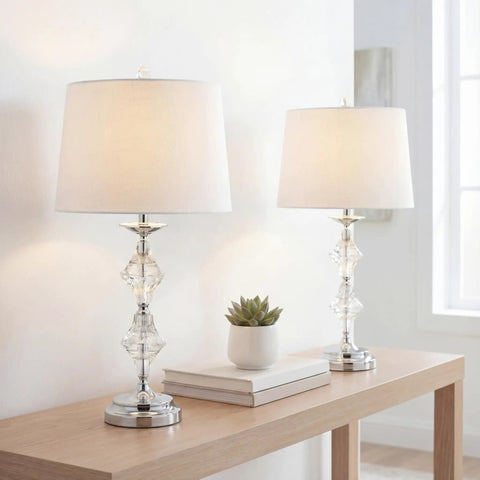 27.5 Inch Clear Crystal Table Lamp Set of 2 for Living Room and Bedroom With Glam Traditional Chrome Nightstand Lamps, White Linen Drum Shades, LED Bulbs Included