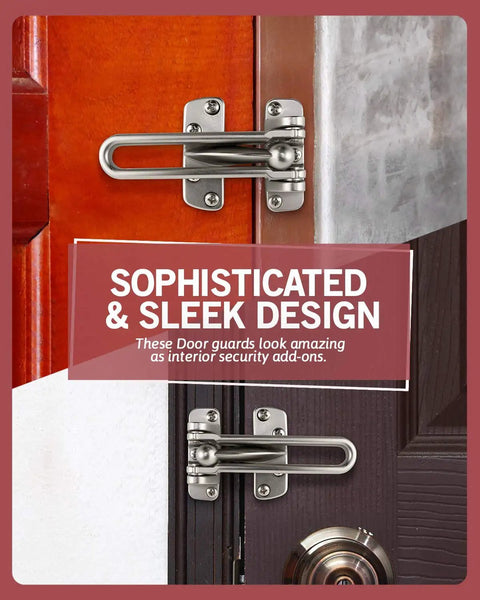 Swing Bar Door Lock For Front And Back Doors, Heavy Duty Childproof Door Guard Made From Reinforced Diecast Metal, Satin Nickel Finish, Kickproof And Rust Resistant Home Security, 2 Pack installed on wooden doors