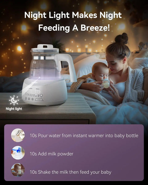 Bottle Warmer With Night Light And Fast Cooling Fan Instant Water Warmer For Bottles on a table beside a mother and baby