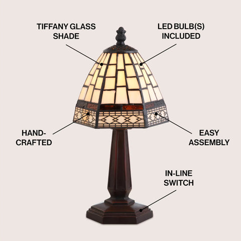 12 Inch Brown Tiffany Style Table Lamp With Ivory Cream Stained Glass Shade, showing handcrafted details and LED bulb features