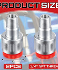 Two Pack Quarter Inch Hydraulic Connectors With Four And Ten Ton Female Side Replacement Fittings For Pro Grade Pressure Leak Free Auto Body Frame Repair In Stock, showing product size and NPT thread details, two pieces