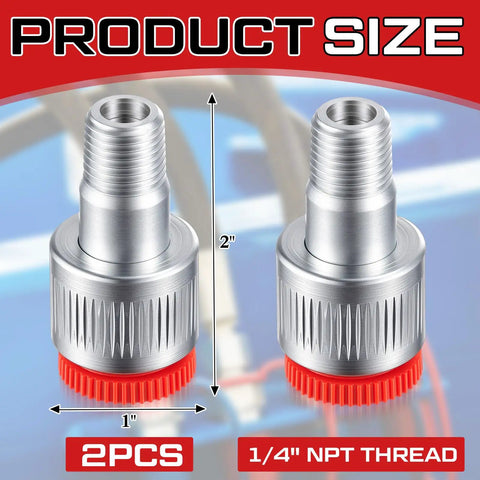 Two Pack Quarter Inch Hydraulic Connectors With Four And Ten Ton Female Side Replacement Fittings For Pro Grade Pressure Leak Free Auto Body Frame Repair In Stock, showing product size and NPT thread details, two pieces