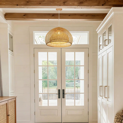 Natural Bamboo Pendant Light With Handwoven Wicker Lampshade And Wood Canopy Eco Friendly Ceiling Fixture for entryway