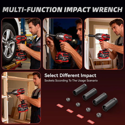 Three angles of cordless 1/2 inch impact wrench with 1500 Nm high torque, brushless motor, 21V dual 4.0Ah battery in use
