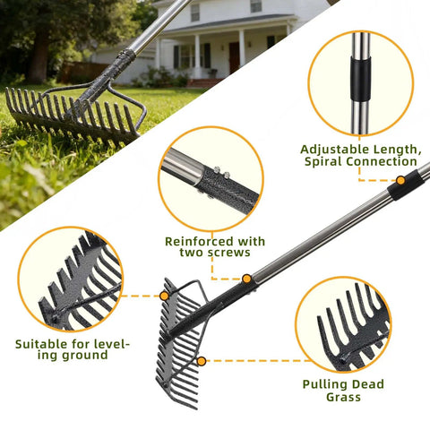 2-In-1 49 Inch Metal Garden Rake For Weeding And Loosening Soil Digs Deep Rakes Leaves Breaks Up Compacted Dirt Levels Stones