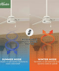 52 Inch No Light Ceiling Fan For Indoor Or Outdoor Use Fresh White Damp Rated Reversible Blades showing summer and winter modes.
