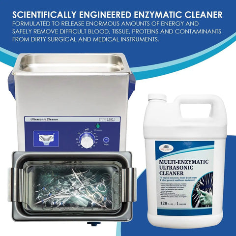 Image of Straight Up Heavy Duty Enzymatic Ultrasonic Cleaner One Gallon Solution and tools, showing cleaning setup.