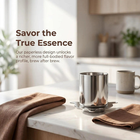 Rock Solid Stainless Steel Pour Over Coffee Dripper With Fine Mesh Metal Filter on a kitchen countertop with coffee cup.