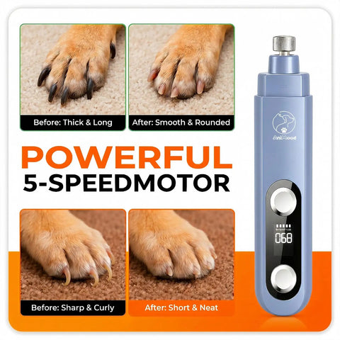 Smooth Sail Five Speed Dog Nail Grinder With Bright Led And Dust Bucket For Zero Drama Furbaby Paw Care USB powered tool, before and after nail care.
