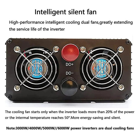 Dual cooling fans for Heavy Duty 6000W Pure Sine Wave Inverter DC To AC Converter, enhancing efficiency and lifespan.