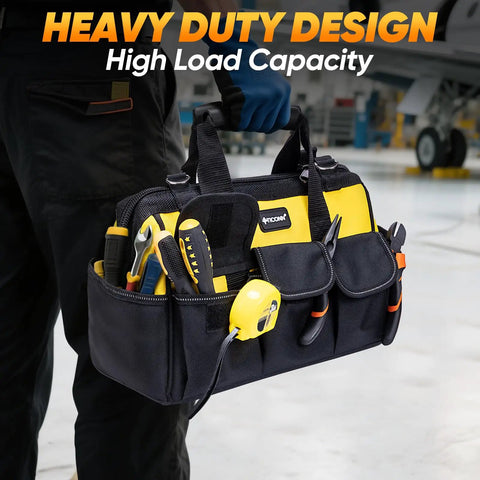 Heavy Duty Tool Bag With Multiple Pockets And Wide Mouth Opening held by worker, showcasing tools inside, 600D Oxford construction