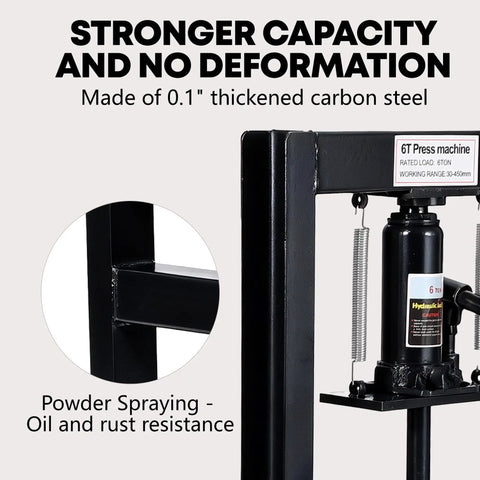 Beefed Up Heavy Duty 6 10 12 20 Ton H Frame Hydraulic Shop Press With Adjustable Worktable And Plates For Metal Bending And Straightening, Ideal For Auto Repair, Bearing Removal, And DIY Garage Projects. Black 6 ton H-frame press, powder-coated carbon steel.