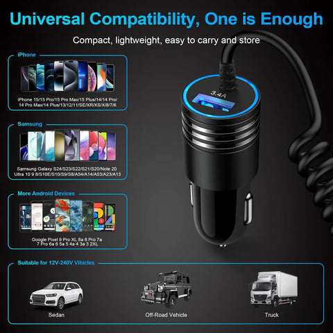 Blazing Fast USB C Car Charger Adapter With 3.4A Output, coiled cord, compact design for 12-24V vehicles.