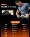 Man measuring waist for Breathable Work Back Brace With Removable Suspenders For Men And Women, size chart shown