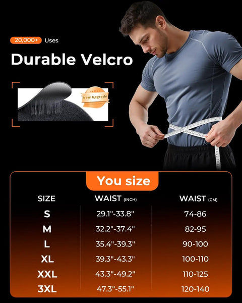 Man measuring waist for Breathable Work Back Brace With Removable Suspenders For Men And Women, size chart shown