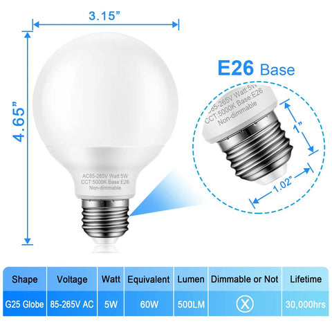Four Pack LED Globe Bathroom Bulbs 60W Equivalent G25 Round 5000K Bright White Vanity Mirror Lighting E26 Medium Base 5W Per Bulb Instant On Non Dimmable Energy Saving 120V