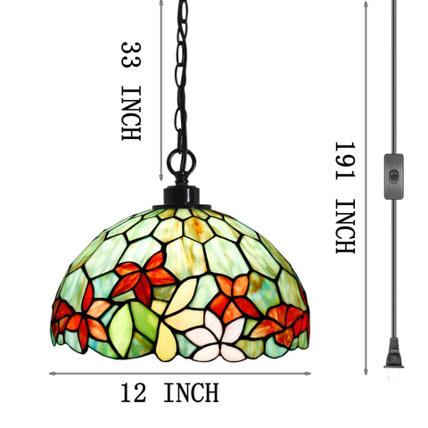 Red green floral Tiffany Style Stained Glass Pendant Light Plug In Swag Lamp with 32 inch chain, 15 foot cord, 12 inch shade.