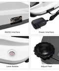Dialed-In High Precision Digital Lab Scale interfaces: RS232, power, level bubble, and adjust feet components
