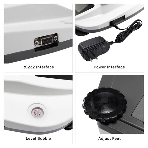 Dialed-In High Precision Digital Lab Scale interfaces: RS232, power, level bubble, and adjust feet components