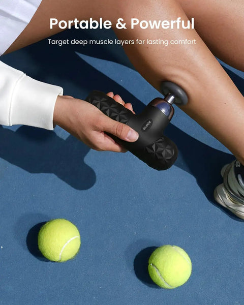 Mini Thermal Massage Gun With Heat Portable Deep Tissue Percussion Massager With Four Heads For Neck And Back in use on leg