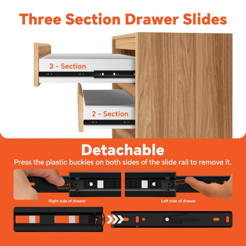 Three section heavy-duty 10 inch full extension side mount drawer slides with detachable feature and installation guide.