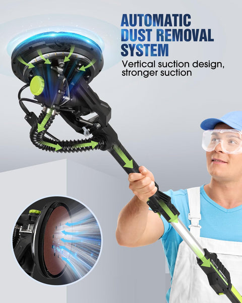Man using Powerful 7.2 Amp Drywall Sander With Vacuum Dust Collection LED Light showcasing automatic dust removal system