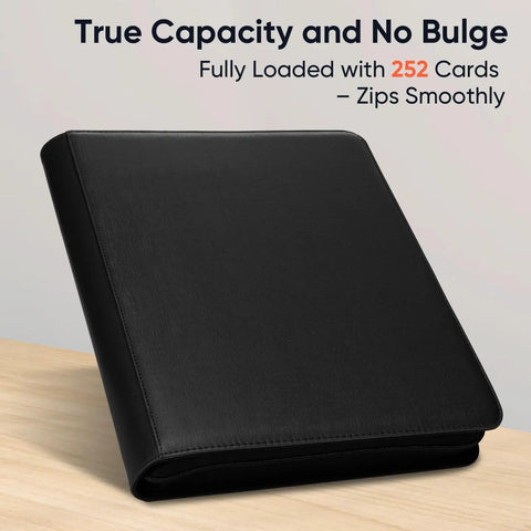 Dope 252 Slot Toploader Binder With Fourteen Pages Each With Nine Pockets Holds Up To 252 Toploaders on table