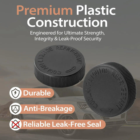 2Pcs Premium Leak Proof Coolant Reservoir Cap Set For OEM 21712 79900 Built Tough For Nissan Pathfinder Maxima Murano Infiniti G35 Snug Seal No Leaks Durable Replacement Caps, shown with text highlighting durability and leak-proof features.
