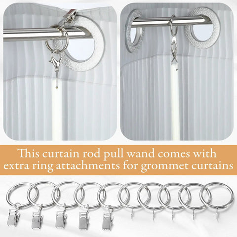 Close-up of No Sweat Curtain Pull Wands 46 Inch White Acrylic Drapery Rod Openers with hooks and rings for grommet curtains.
