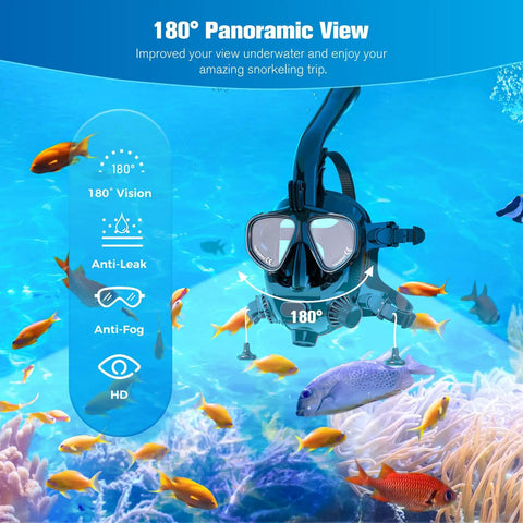 Full Face Snorkel Mask For Adults With Camera Mount, Anti Fog And Leak Proof Shield in underwater scene with fish