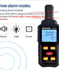 Three In One EMF Meter And Reader with sound, light alarm display, showing screen and buttons for electric, magnetic field detection.