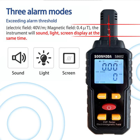 Three In One EMF Meter And Reader with sound, light alarm display, showing screen and buttons for electric, magnetic field detection.