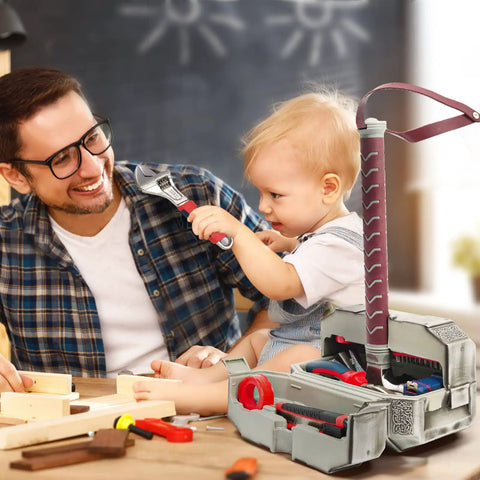 Thor Hammer Tool Set For Home Repair And DIY Projects A Dope Multifunctional Hand Tool Box shown with dad and child using tools