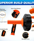 Heavy Duty 33 Foot Auto Feed Drain Auger And Sink Snake with stainless steel cable, auto feed button, and anti-skid handle.