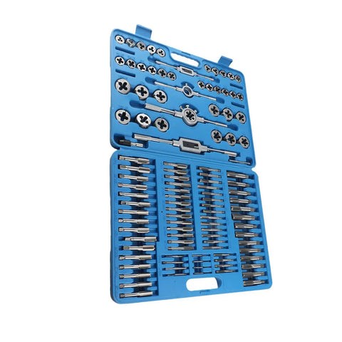 Ultimate 110 Piece Carbon Steel Metric Thread Tap And Die Set With Adjustable Wrenches For Hand Tapping Bolt Threading Male Female Nut Cutting Tools Perfect For Mechanics, open case