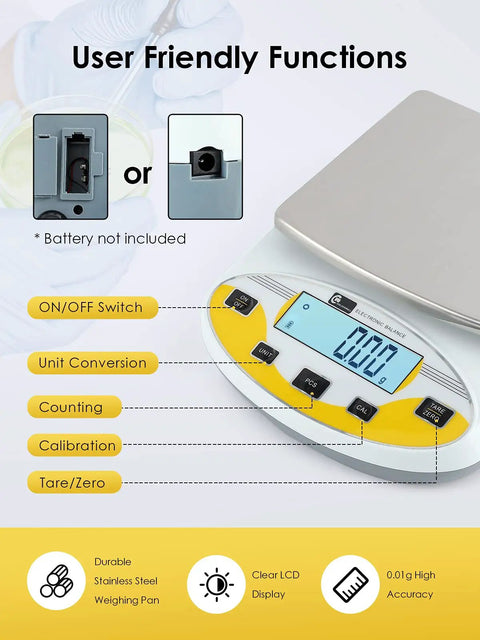 Pro Grade High Precision Lab Scale 5000g X 0.01g Digital Analytical Balance with LCD Display and features illustrated.