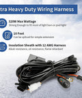 10ft Heavy Duty LED Light Bar Wiring Harness Kit with 12AWG power relay, insulation sheath, and waterproof plug for off-road lights