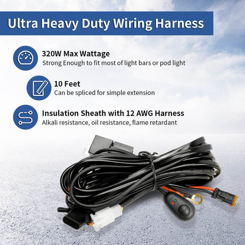 10ft Heavy Duty LED Light Bar Wiring Harness Kit with 12AWG power relay, insulation sheath, and waterproof plug for off-road lights