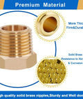 Brass reducer hex bushing, 1/2 in NPT male to 3/8 in NPT female, four-piece pipe fitting set.