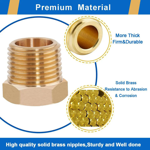 Close-up of Three Quarter Inch MPT To One Quarter Inch FPT Brass Reducer Hex Bushing showing solid brass material details.
