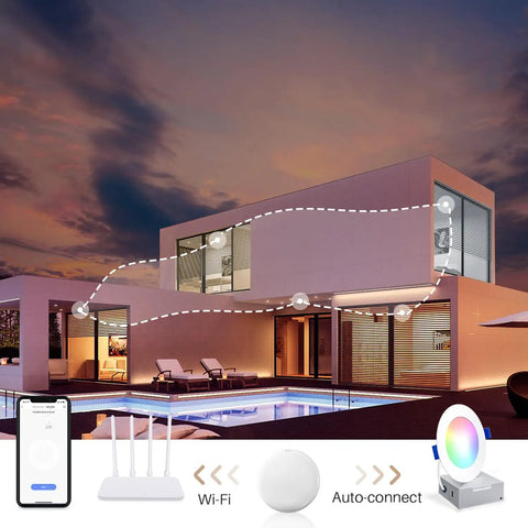 Smart home setup with Dope Low Profile 4 Inch RGB CW LED Recessed Light With J Box, WiFi control, modern house exterior